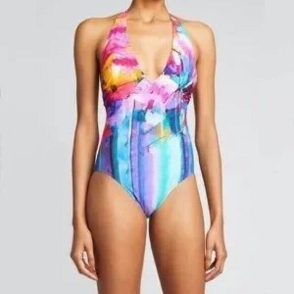 Gottex Womens One Piece Size 8 Multicolor Standard Summer Deep V Halter Stretch - Picture 7 of 8